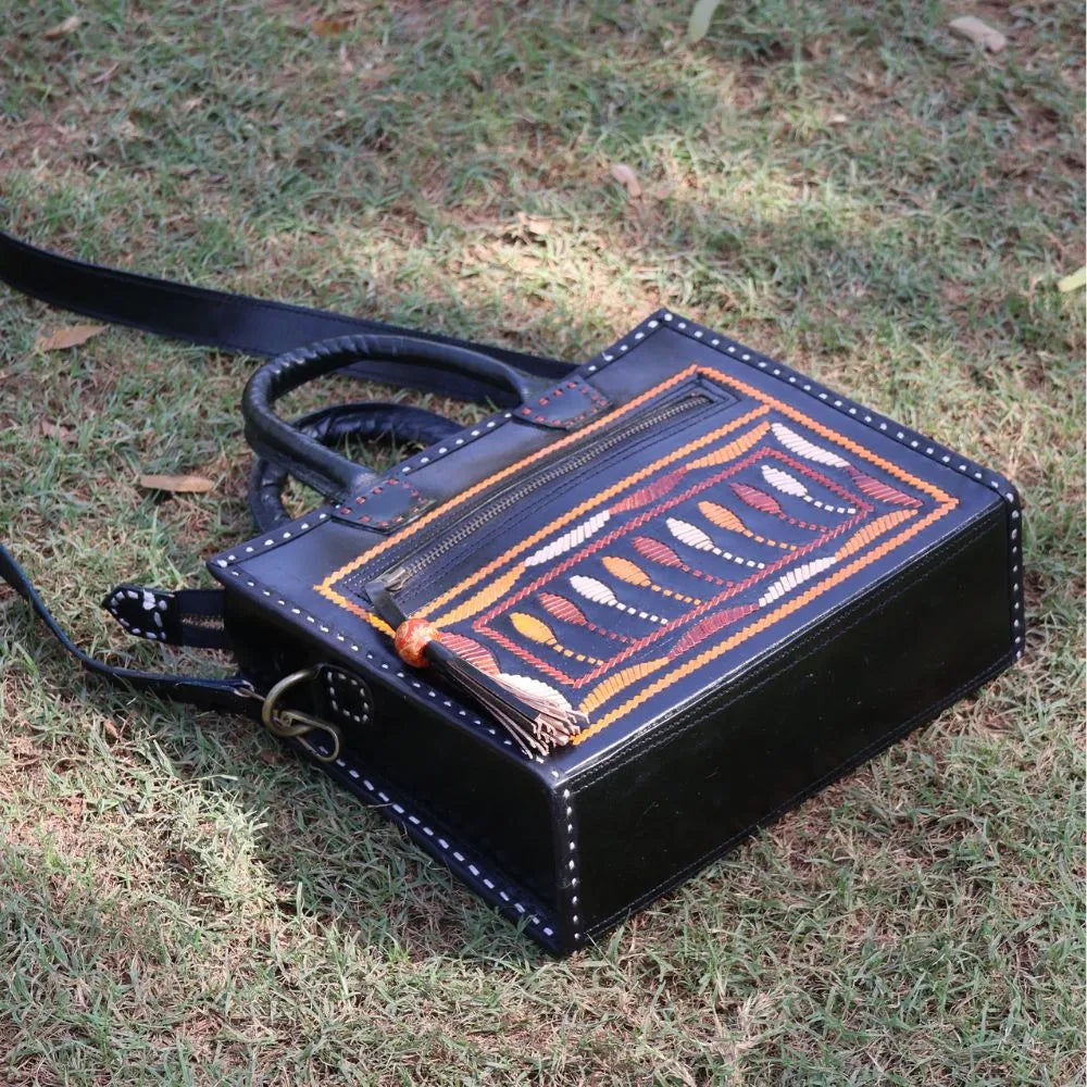 Black Leather Handbag with Sling | 100% Genuine Leather | Handwoven Stitch Design