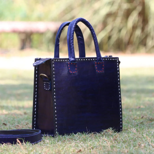 Blue Leather Handbag with Sling | 100% Genuine Leather | Handwoven Stitch Design
