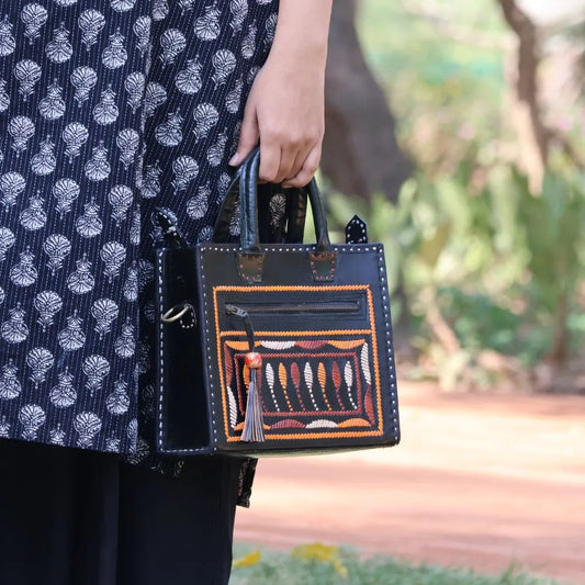 Black Leather Handbag with Sling | 100% Genuine Leather | Handwoven Stitch Design