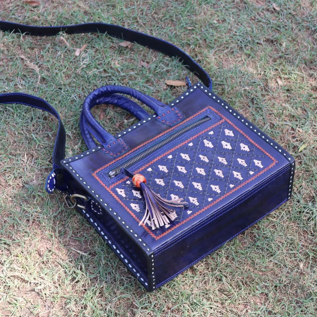 Blue Leather Handbag with Sling | 100% Genuine Leather | Handwoven Stitch Design