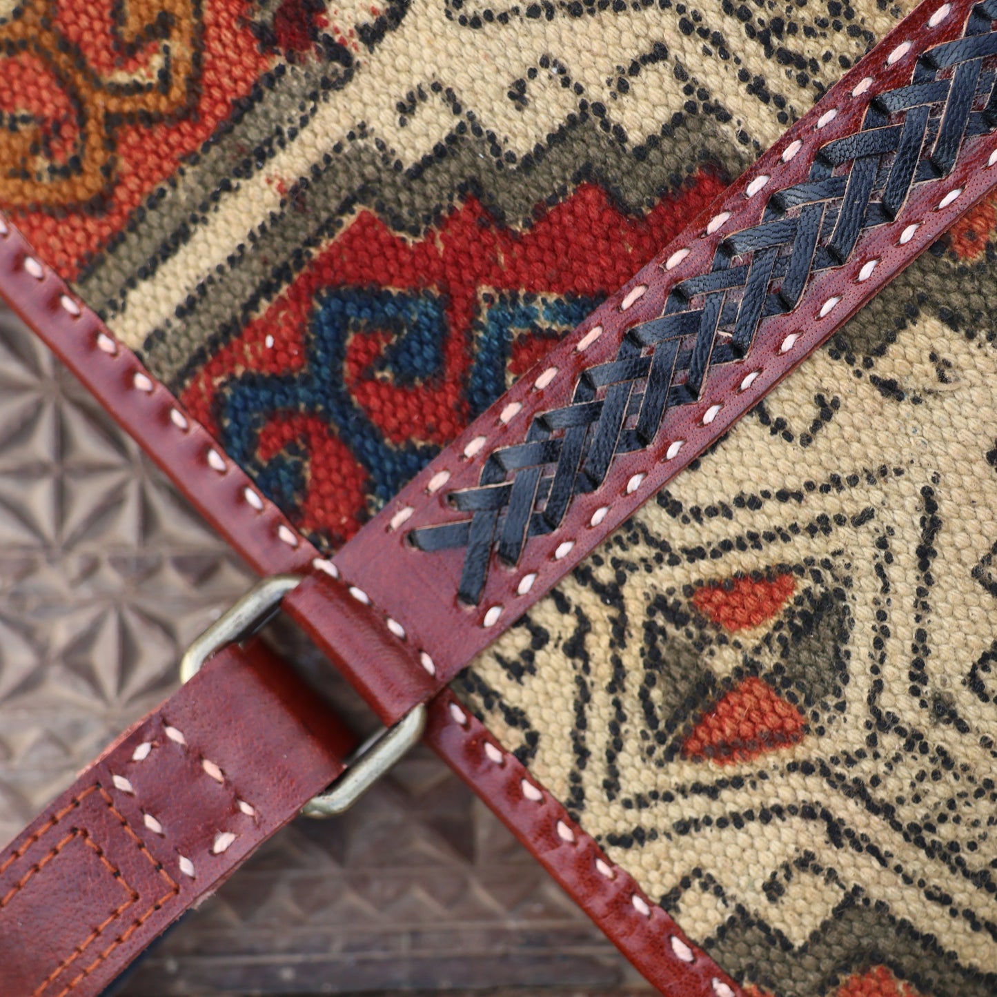Ethnic Patterned Handbag| 100% Genuine Leather | Handwoven Stitch Design