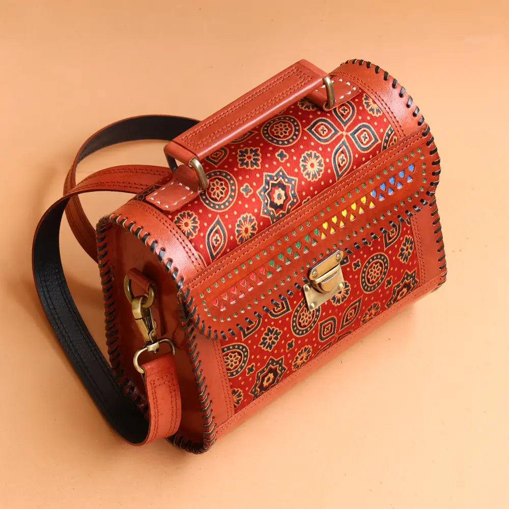 Maroon - Handcrafted Leather Bag With Ajrakh Block Printed Fabric