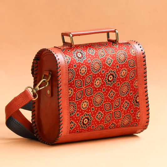 Maroon - Handcrafted Leather Bag With Ajrakh Block Printed Fabric