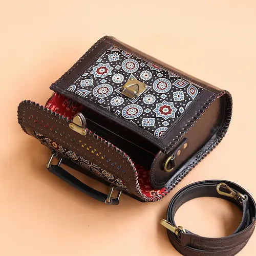 Black - Handcrafted Leather Bag With Ajrakh Block Printed Fabric