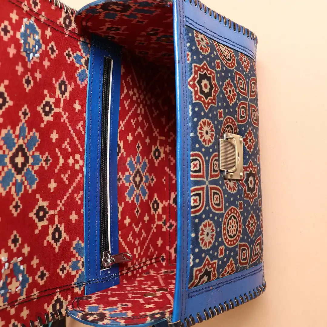 Blue - Handcrafted Leather Bag With Ajrakh Block Printed Fabric