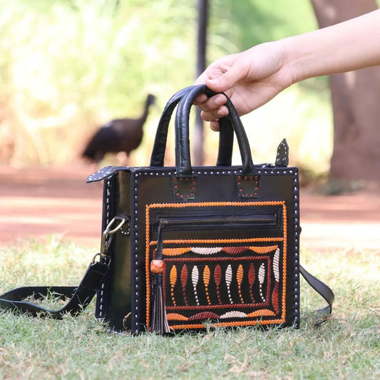 Black Leather Handbag with Sling | 100% Genuine Leather | Handwoven Stitch Design