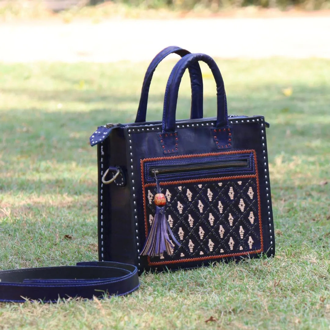 Blue Leather Handbag with Sling | 100% Genuine Leather | Handwoven Stitch Design