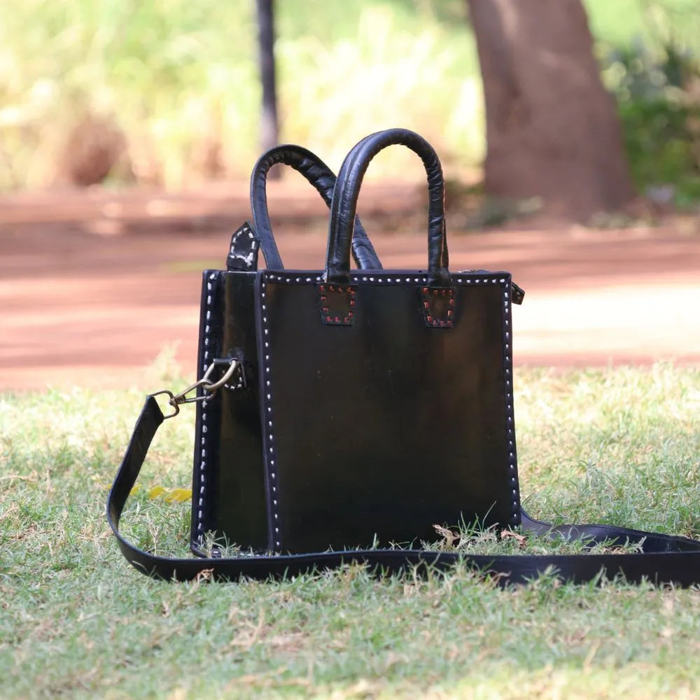 Black Leather Handbag with Sling | 100% Genuine Leather | Handwoven Stitch Design