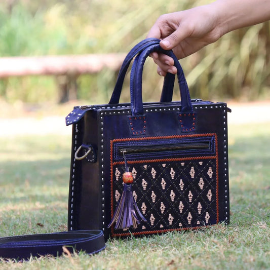 Blue Leather Handbag with Sling | 100% Genuine Leather | Handwoven Stitch Design