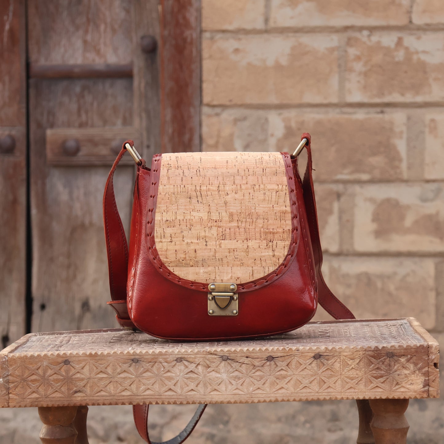 Desert Rose Cork Flap Sling | 100% Genuine Leather | Handwoven Stitch Design