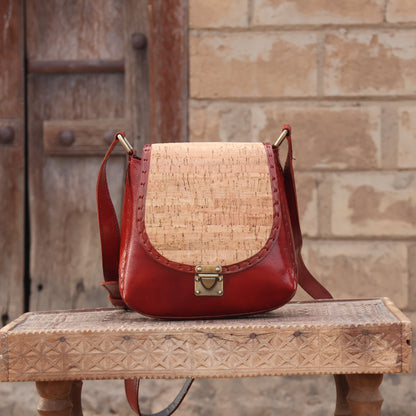 Desert Rose Cork Flap Sling | 100% Genuine Leather | Handwoven Stitch Design