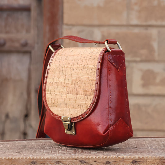 Desert Rose Cork Flap Sling | 100% Genuine Leather | Handwoven Stitch Design