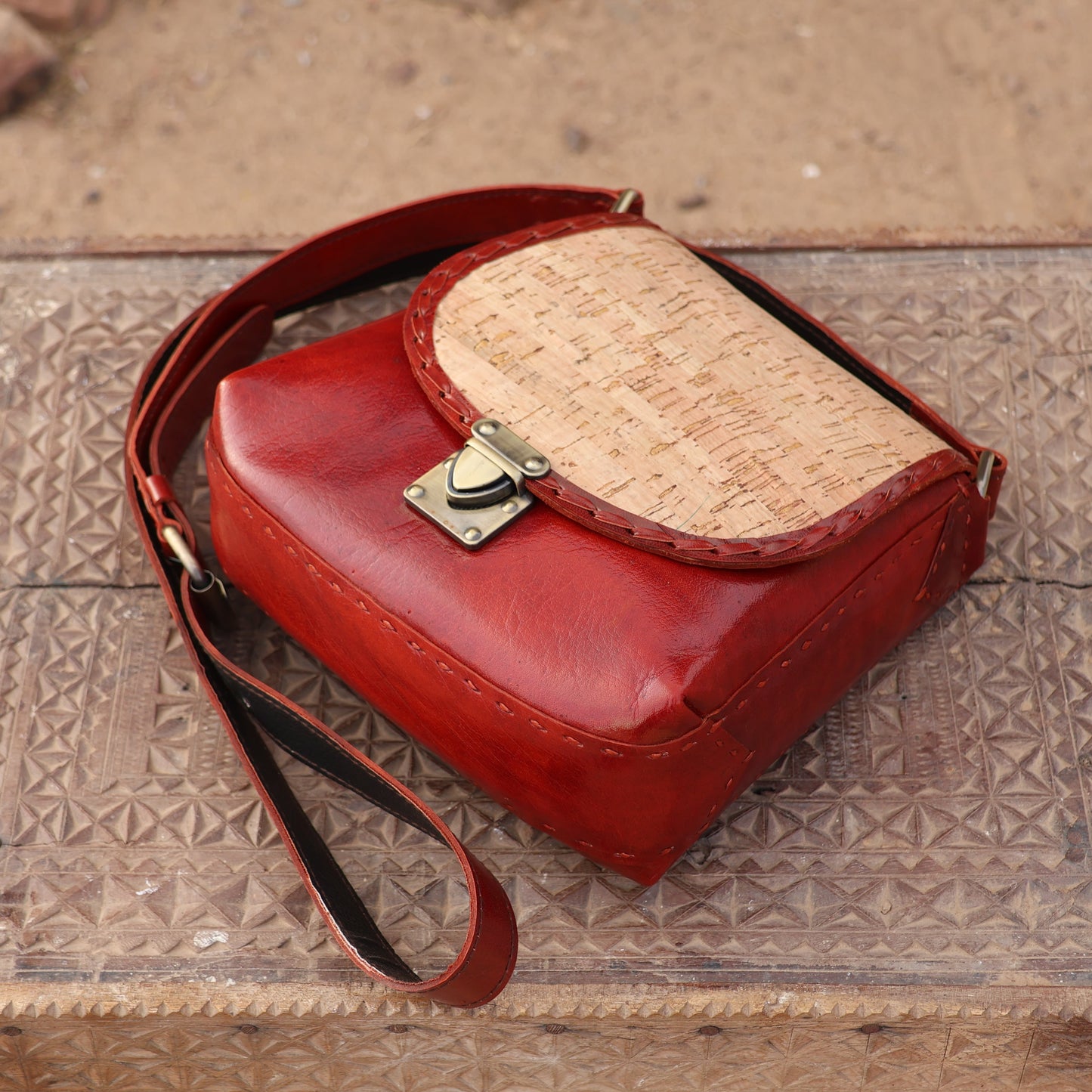 Desert Rose Cork Flap Sling | 100% Genuine Leather | Handwoven Stitch Design