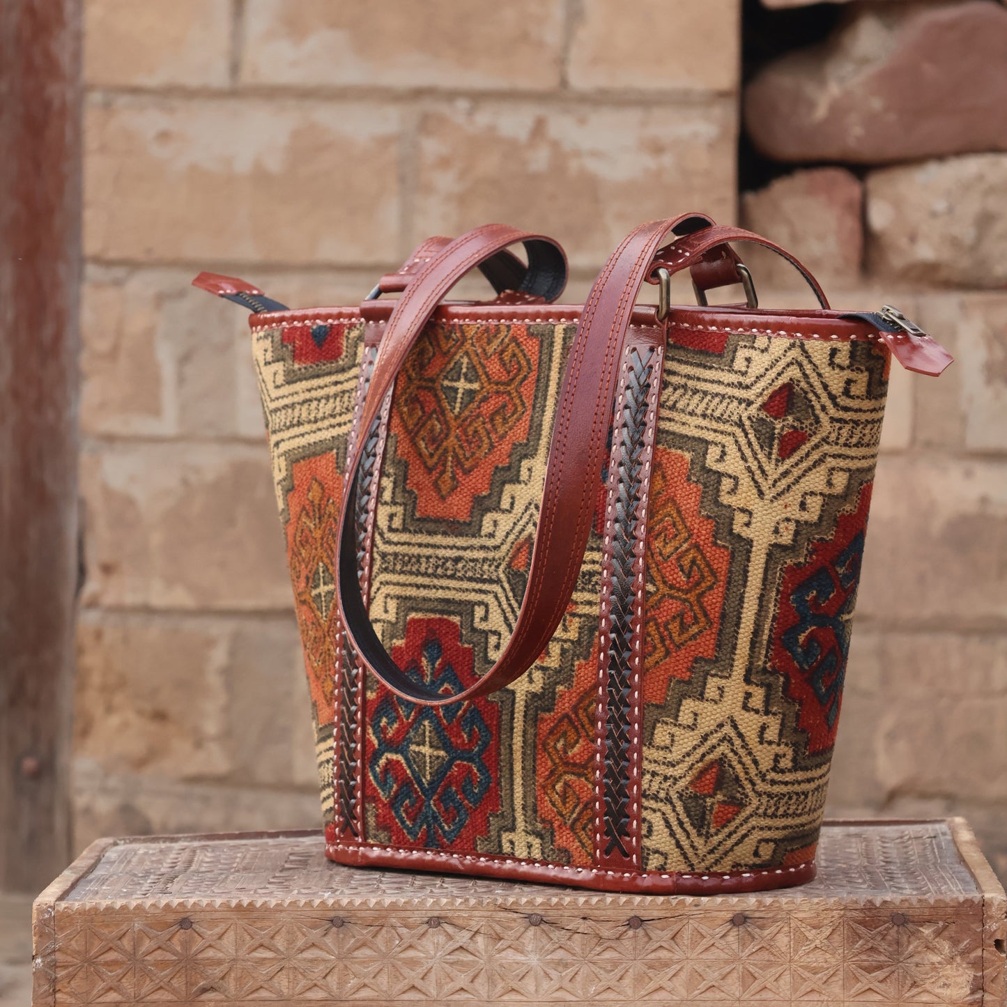 Ethnic Patterned Handbag| 100% Genuine Leather | Handwoven Stitch Design