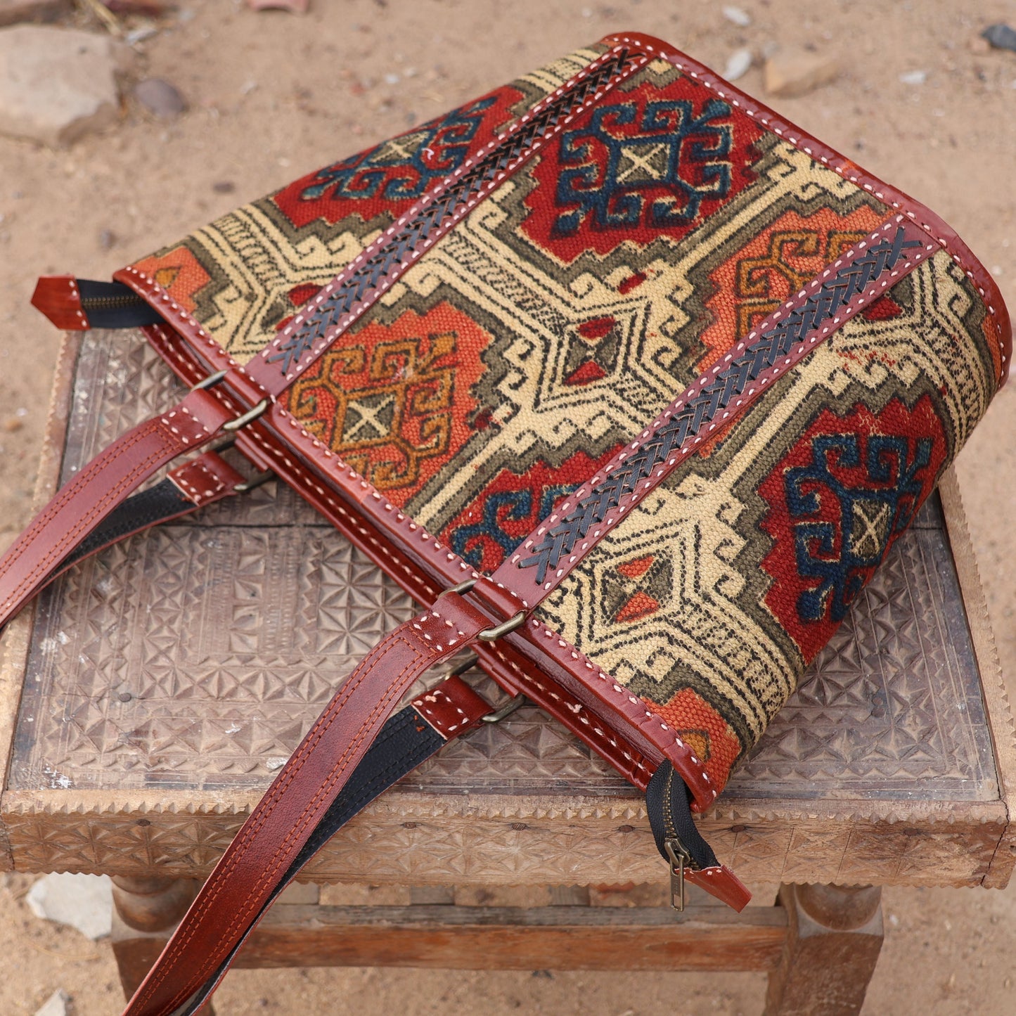 Ethnic Patterned Handbag| 100% Genuine Leather | Handwoven Stitch Design