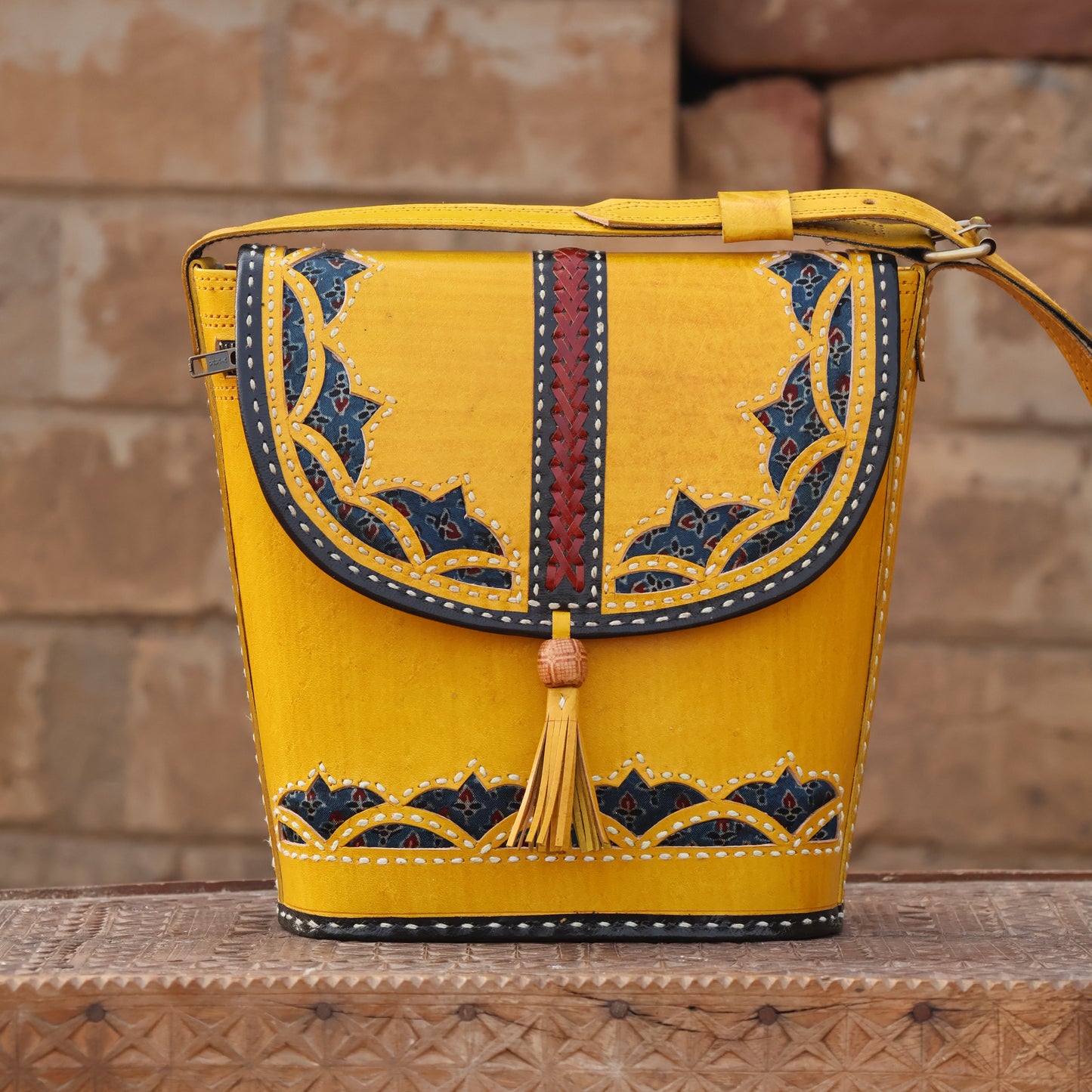 Marigold Motif Sling | 100% Genuine Leather | Handwoven Stitch Design