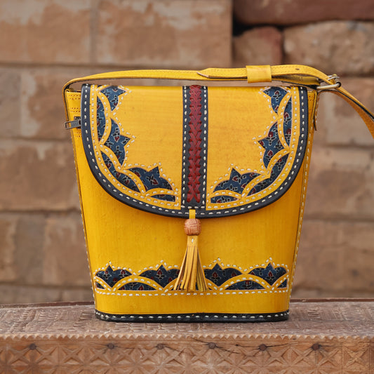 Marigold Motif Sling | 100% Genuine Leather | Handwoven Stitch Design