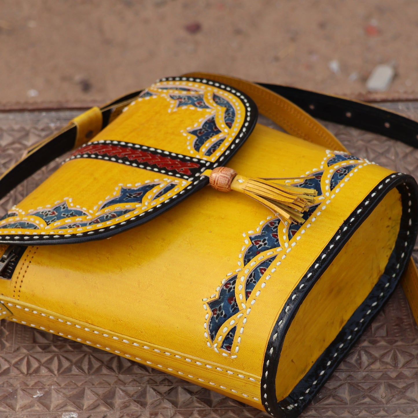 Marigold Motif Sling | 100% Genuine Leather | Handwoven Stitch Design