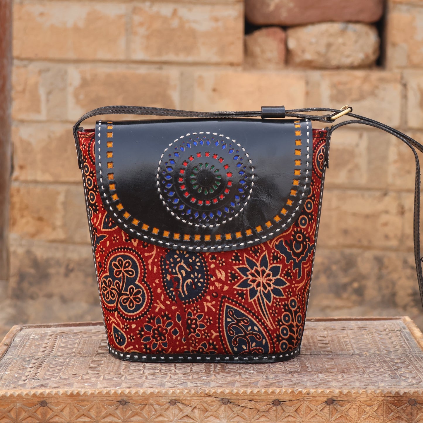 Ajrakh Charm Sling | 100% Genuine Leather | Handwoven Stitch Design