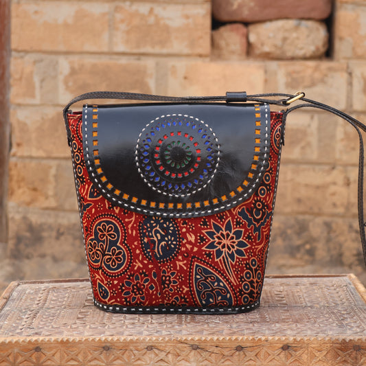 Ajrakh Charm Sling | 100% Genuine Leather | Handwoven Stitch Design
