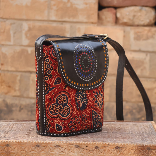 Ajrakh Charm Sling | 100% Genuine Leather | Handwoven Stitch Design