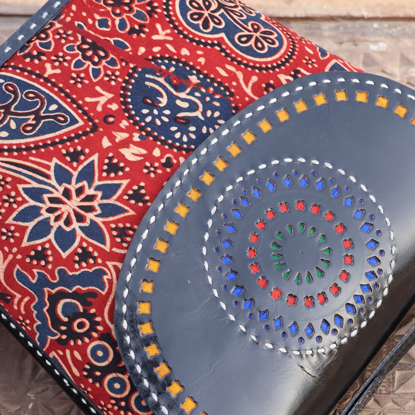 Ajrakh Charm Sling | 100% Genuine Leather | Handwoven Stitch Design