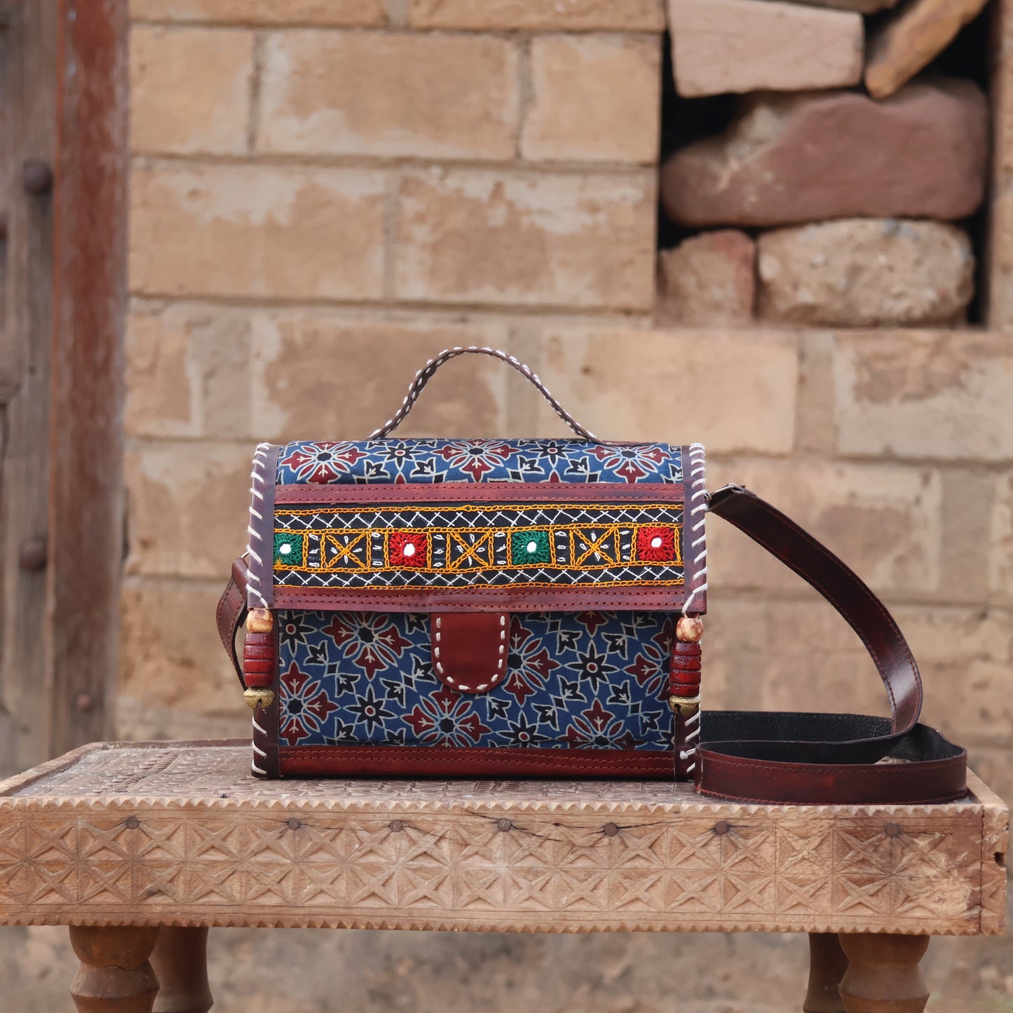 Kutchi Treasure Box Sling | 100% Genuine Leather | Handwoven Stitch Design