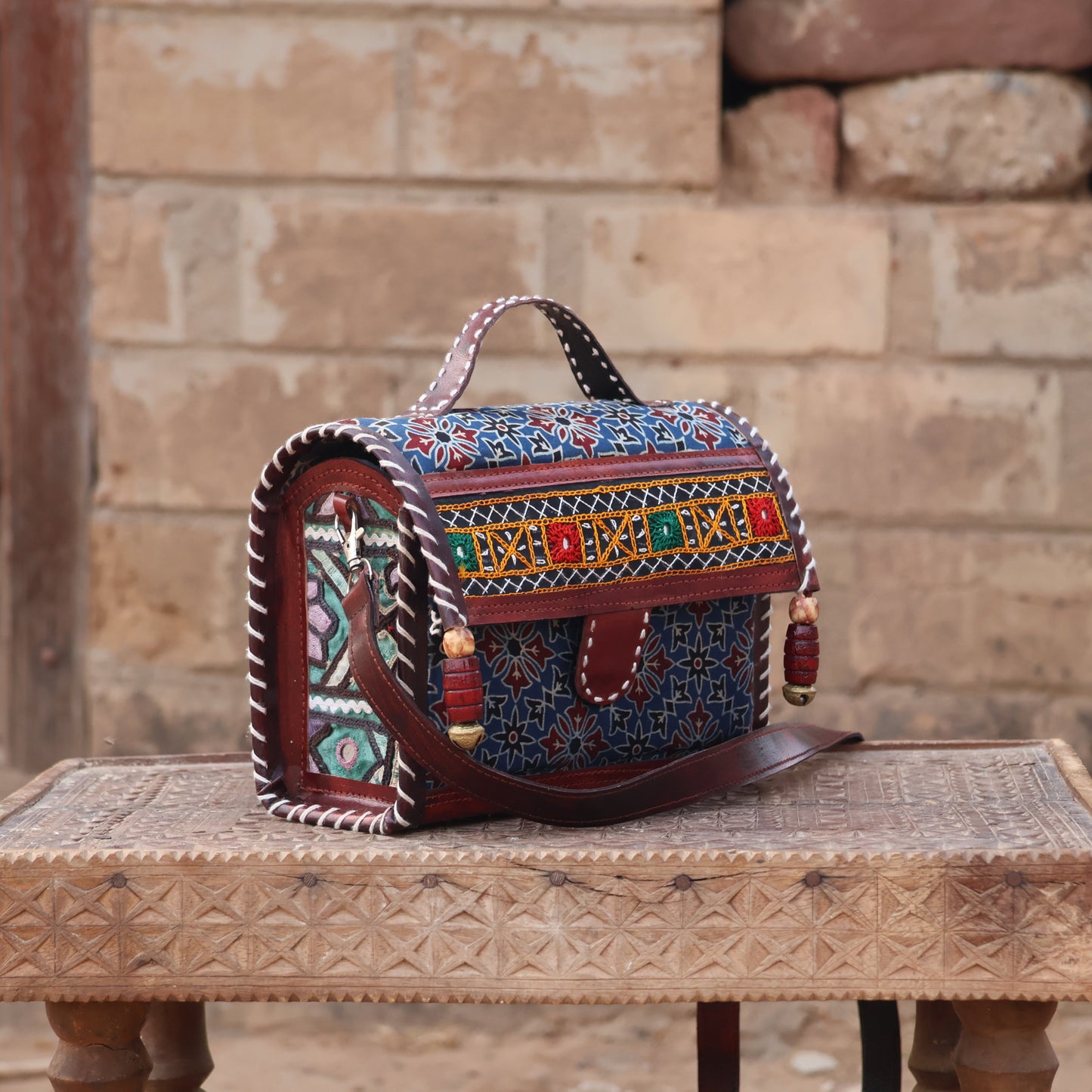 Kutchi Treasure Box Sling | 100% Genuine Leather | Handwoven Stitch Design