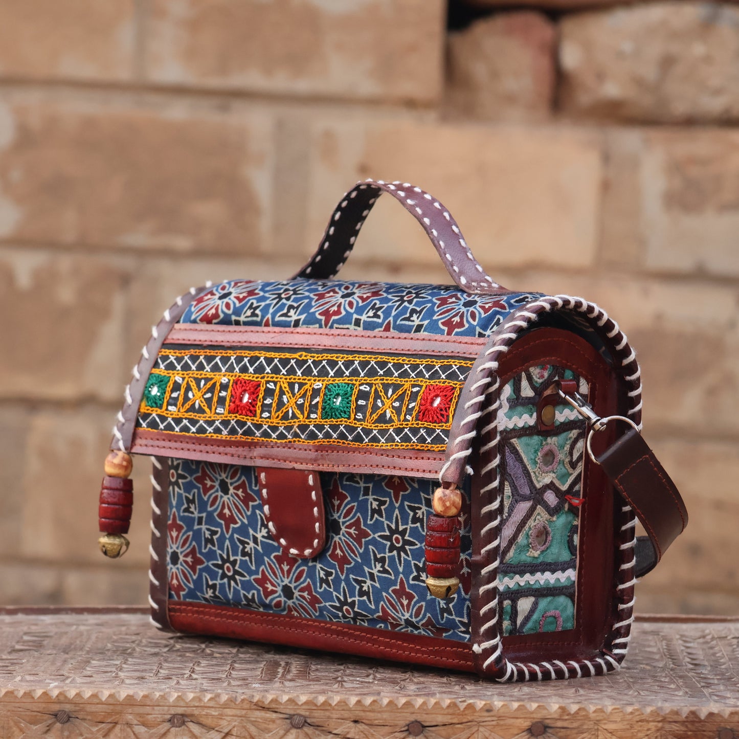 Kutchi Treasure Box Sling | 100% Genuine Leather | Handwoven Stitch Design