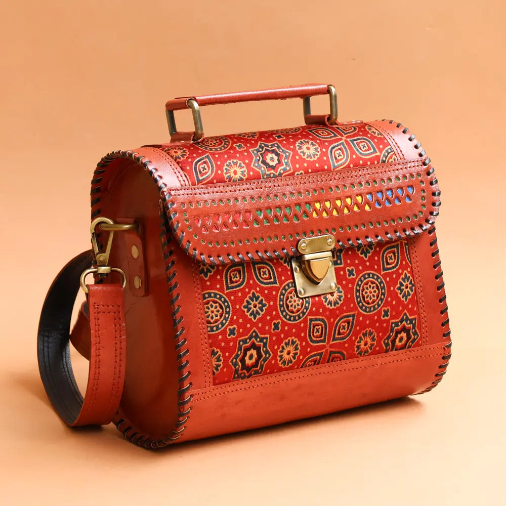 Maroon - Handcrafted Leather Bag With Ajrakh Block Printed Fabric
