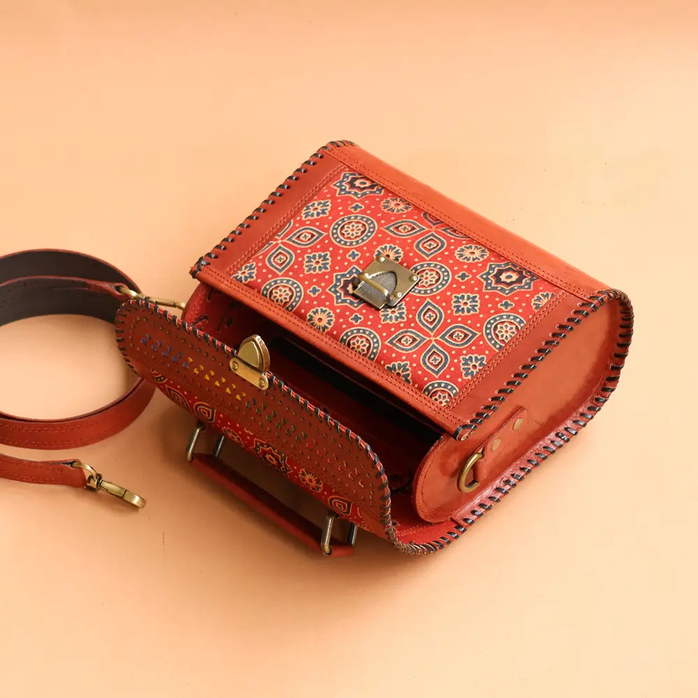 Maroon - Handcrafted Leather Bag With Ajrakh Block Printed Fabric