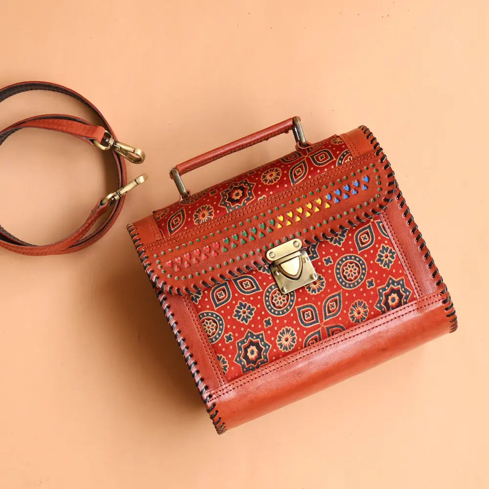 Maroon - Handcrafted Leather Bag With Ajrakh Block Printed Fabric