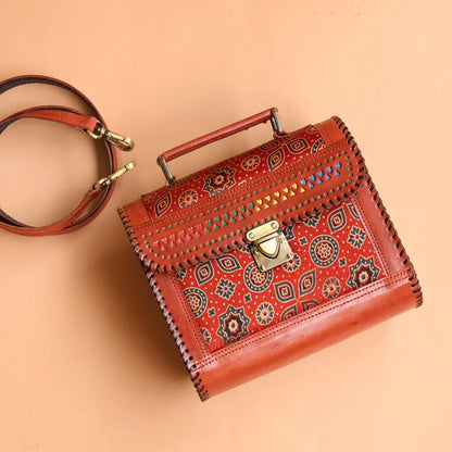 Maroon - Handcrafted Leather Bag With Ajrakh Block Printed Fabric