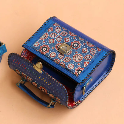 Blue - Handcrafted Leather Bag With Ajrakh Block Printed Fabric
