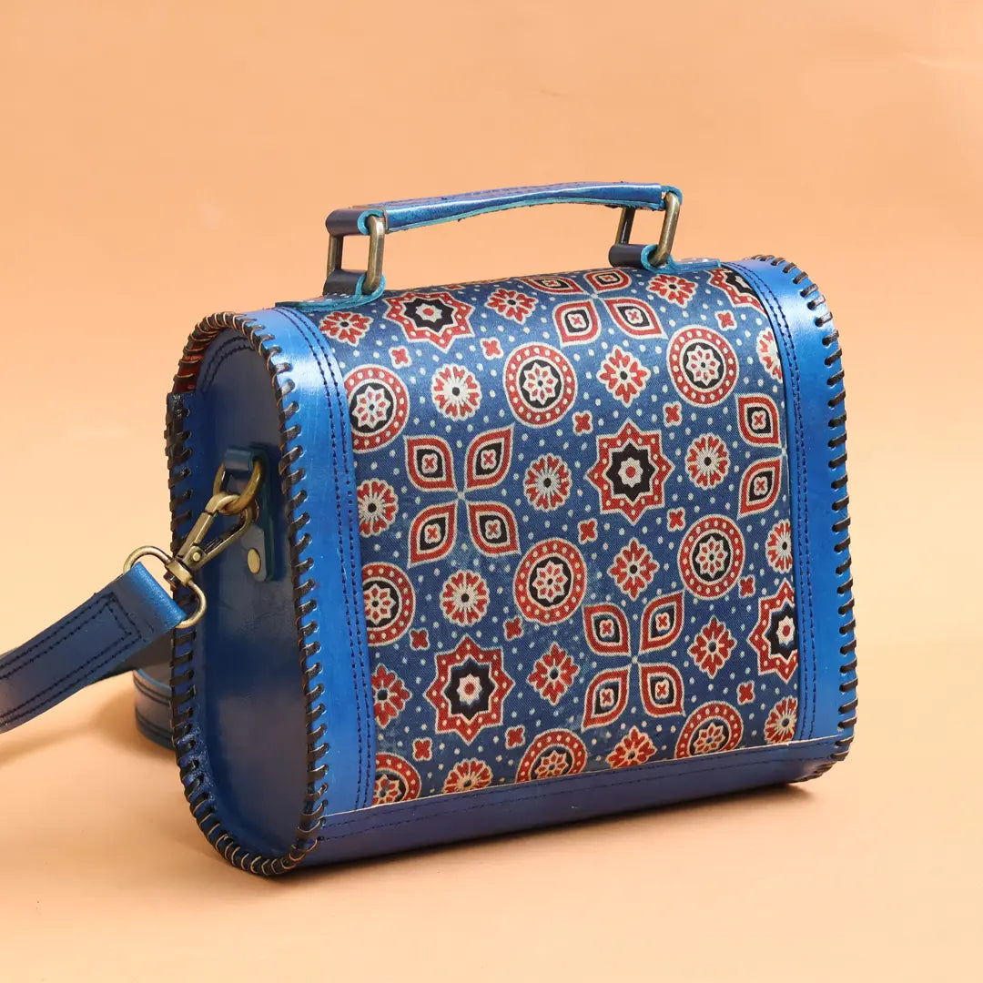Blue - Handcrafted Leather Bag With Ajrakh Block Printed Fabric
