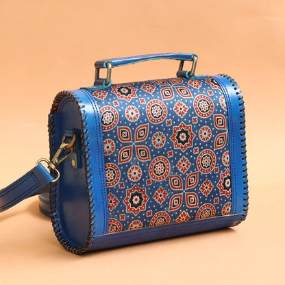 Blue - Handcrafted Leather Bag With Ajrakh Block Printed Fabric