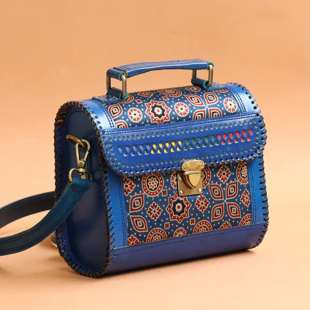 Blue - Handcrafted Leather Bag With Ajrakh Block Printed Fabric