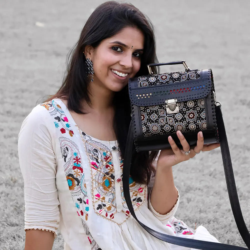 Black - Handcrafted Leather Bag With Ajrakh Block Printed Fabric