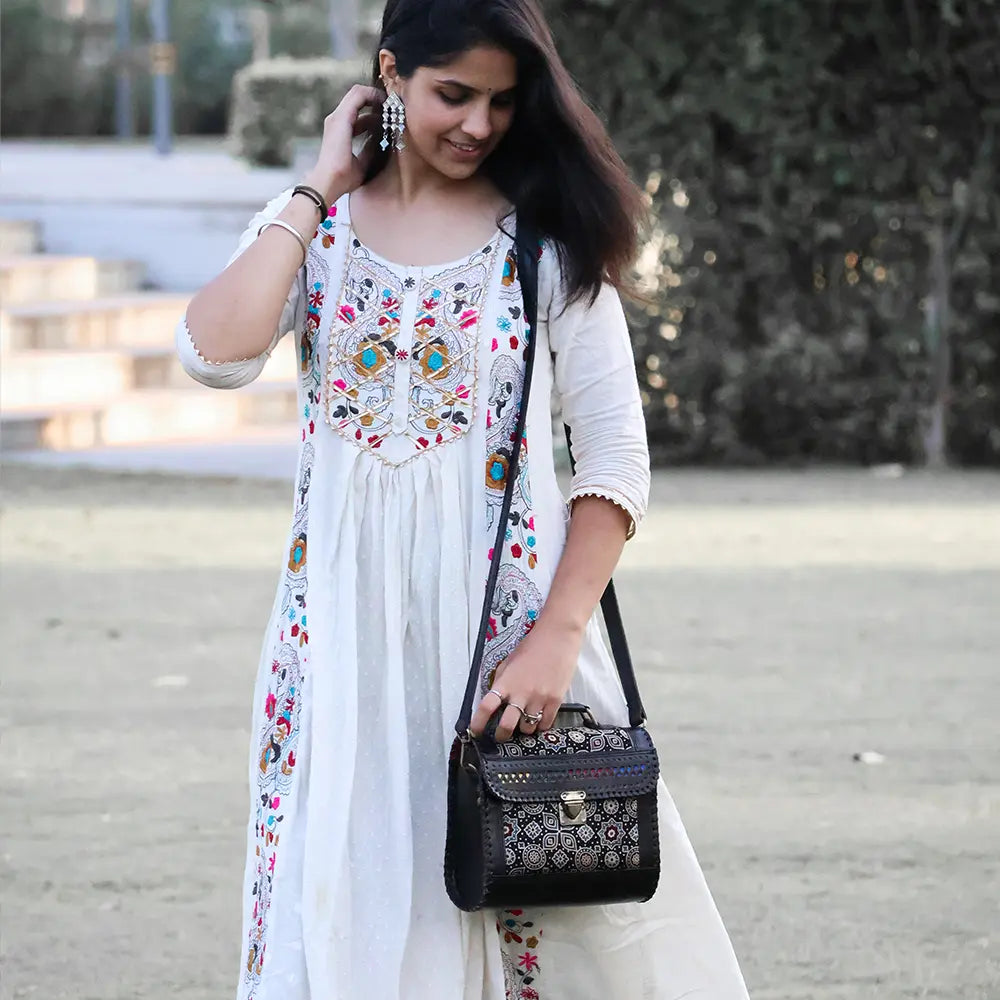 Black - Handcrafted Leather Bag With Ajrakh Block Printed Fabric