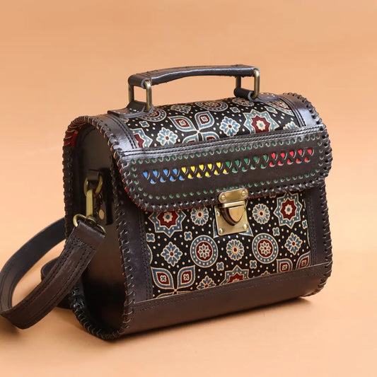 Black - Handcrafted Leather Bag With Ajrakh Block Printed Fabric