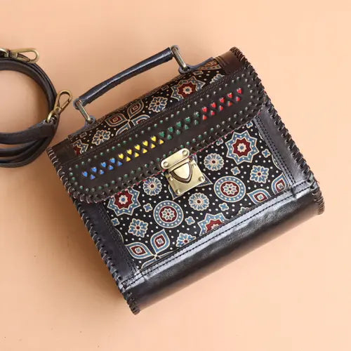 Black - Handcrafted Leather Bag With Ajrakh Block Printed Fabric